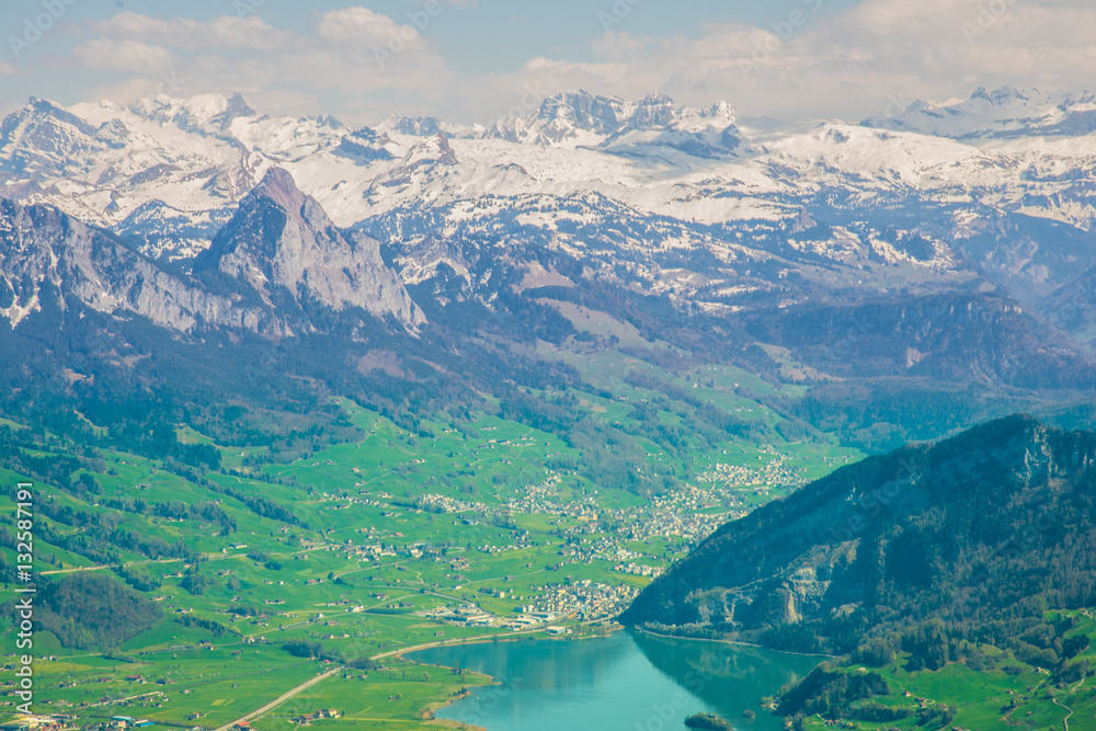 View of Lucerne lake with Swiss alps from Rigi mountain, Switzerland - April, 2016