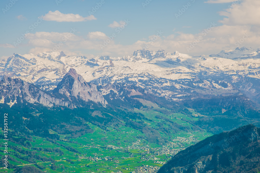 View of Lucerne lake with Swiss alps from Rigi mountain, Switzerland - April, 2016
