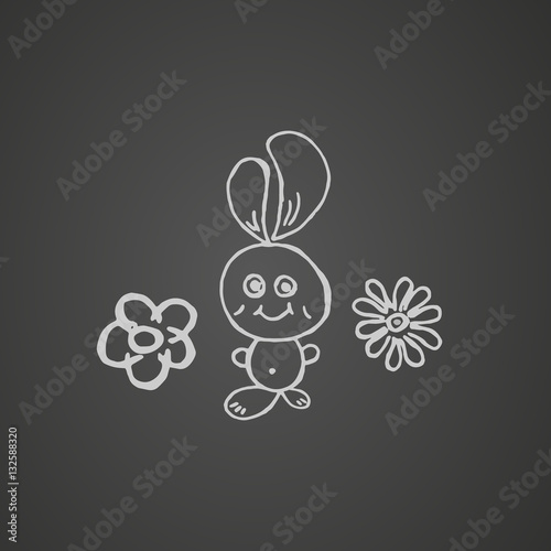 Simple Bunny with flowers drawn in chalk on a blackboard