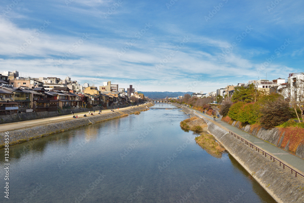 Kamo river from Shijo bridge kyoto Japan