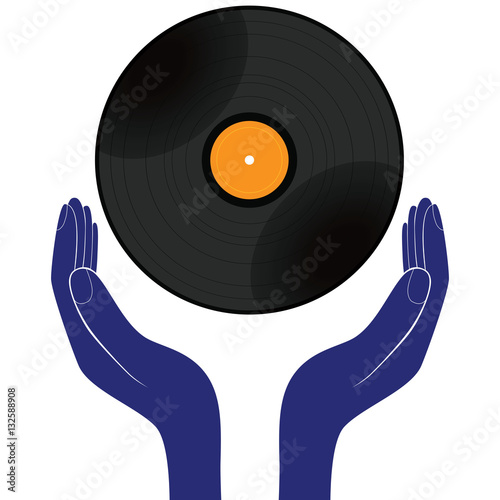 Hands hold vinyl record disk isolated white. Save, buy, enjoy, play it design vector.