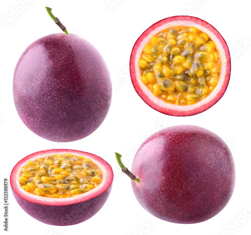 Isolated passionfruit. Collection of whole and cut passion fruits (maracuya) isolated on white background with clipping path