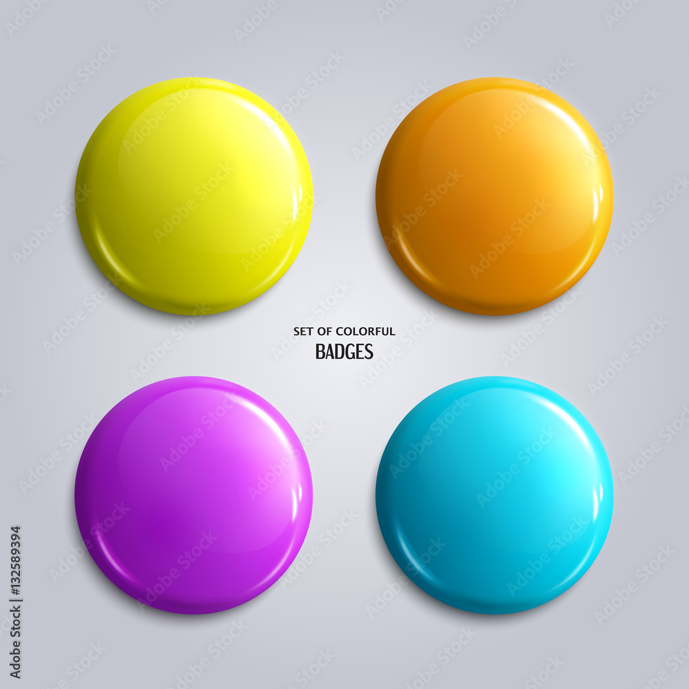 Vector set of blank, colorful glossy badges or web buttons. Four bright colors, yellow, orange, blue and purple. Vector.