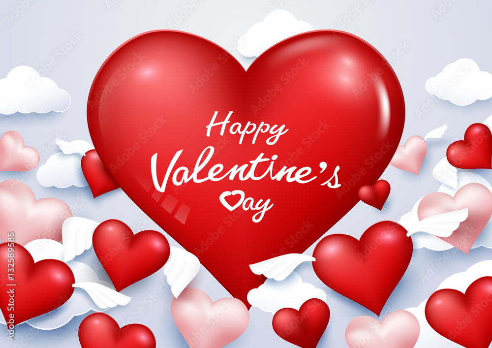 Valentine's day background with Hearts wings fly to sky