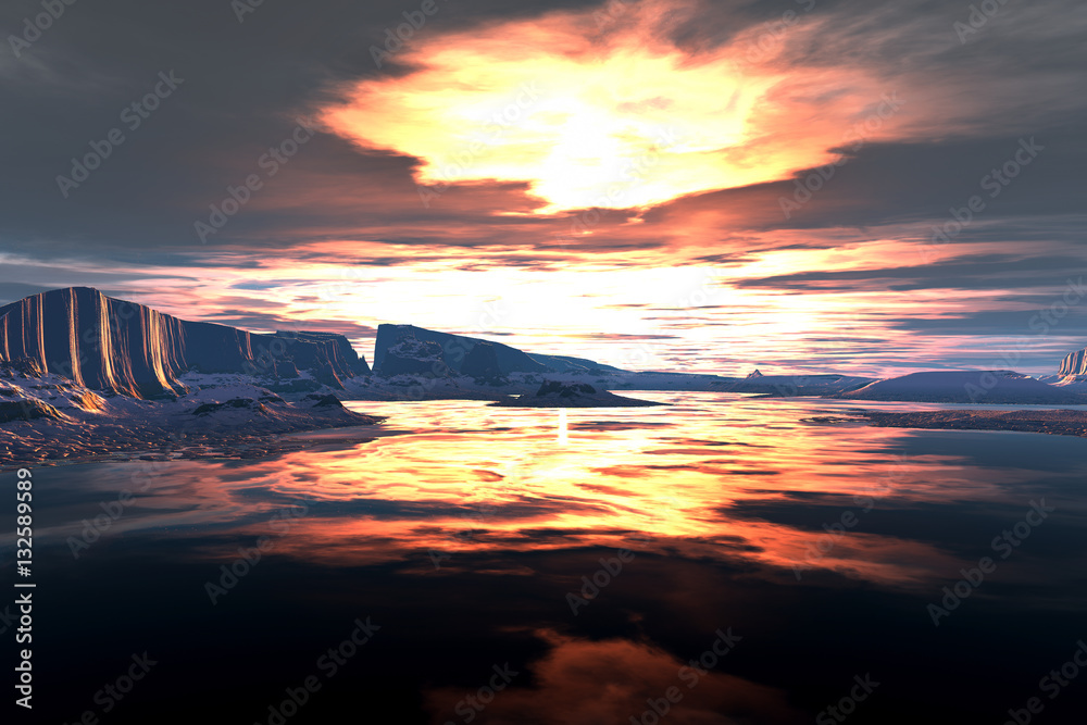 Alien planet. Sunrise. 3D  rendering