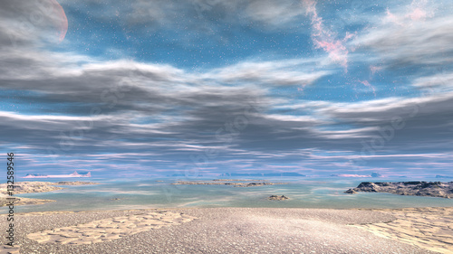 Fantasy alien planet. Mountain and lake. 3D illustration