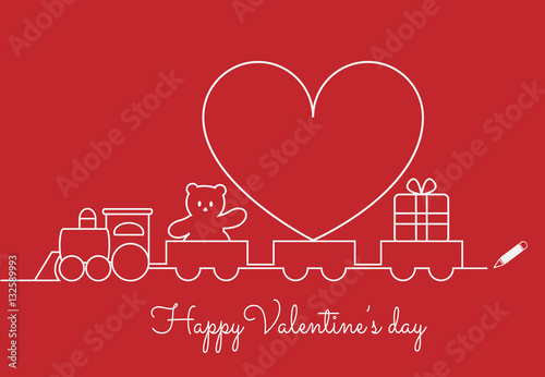 Happy Valentines day linear art design vector. Cute train with big heart and gifts. Love background.