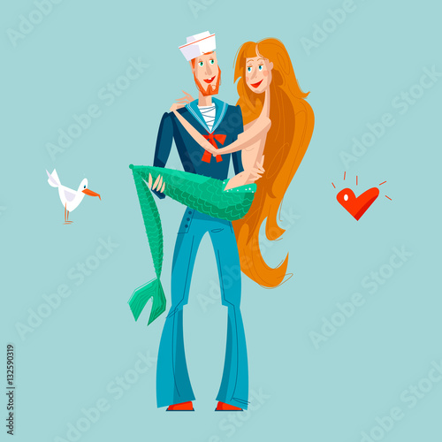 The sailor holds mermaid in hands. St. Valentine’s Day.