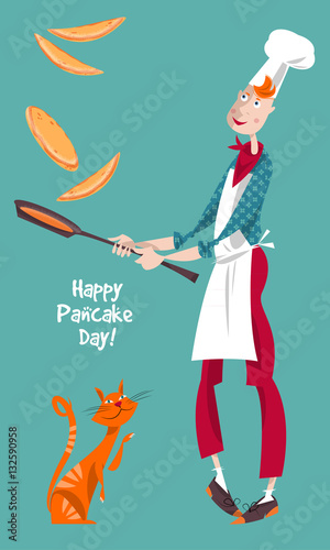 Happy Pancake Day! Cute cook boy tosses pancake in frying pan.