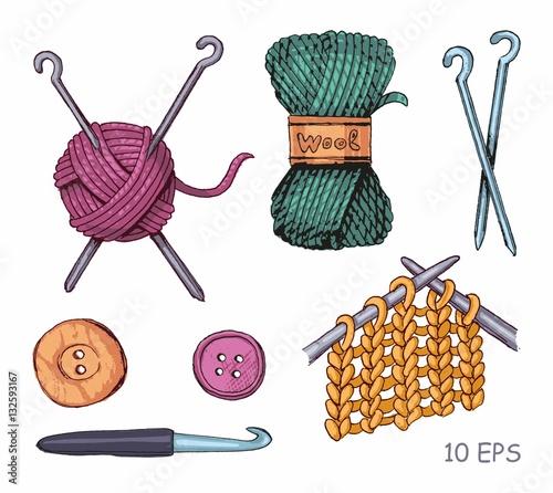 Tools and materials for knitting. Vector sketch