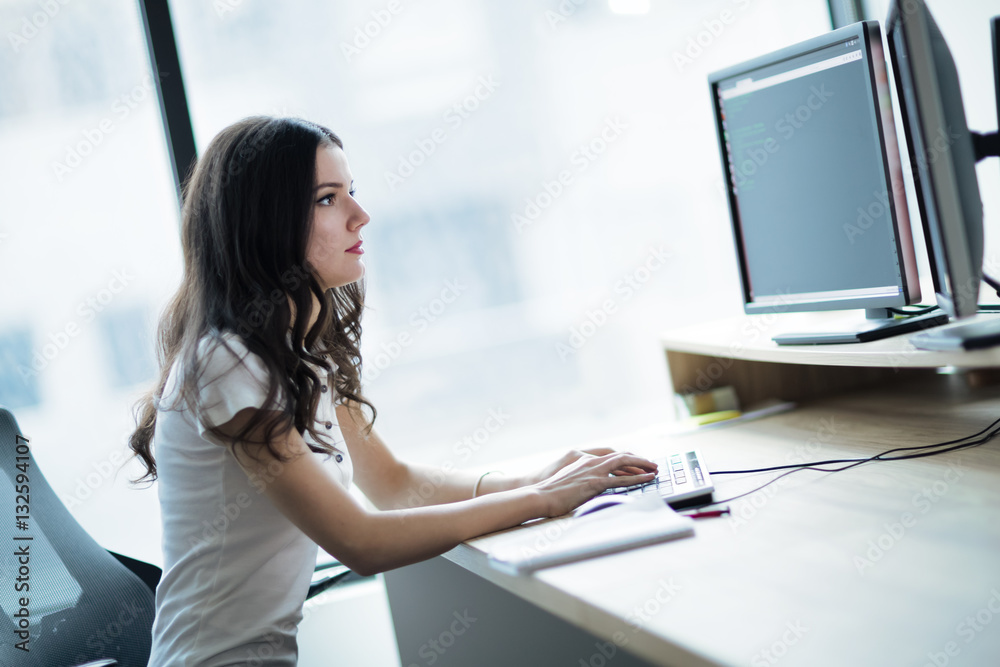 Beautiful female using computer in office Beautiful female using computer in office