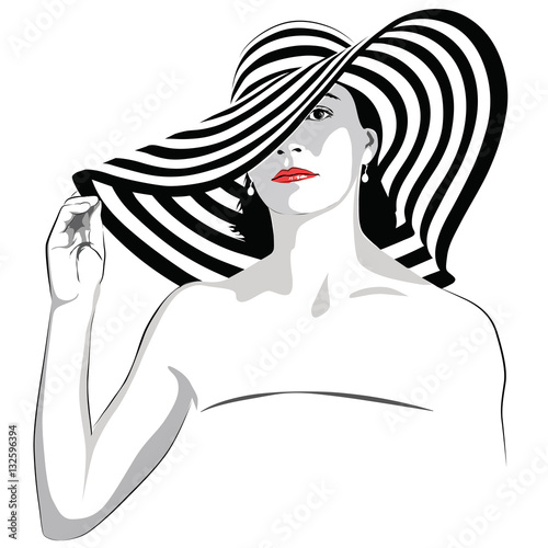 Girl with dark hair in big striped hat - vector