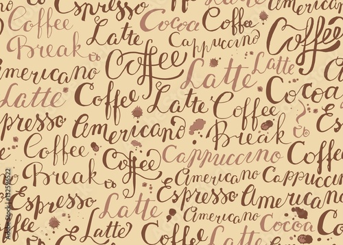 Coffee seamless pattern with coffee words in retro style