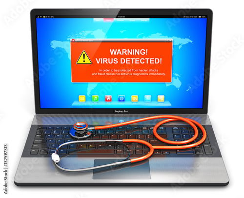 Laptop with virus attack warning message on screen and stethosco photo