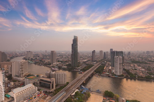 Beautiful after sunset sky over Bangkok city and river aerial view, Thailand