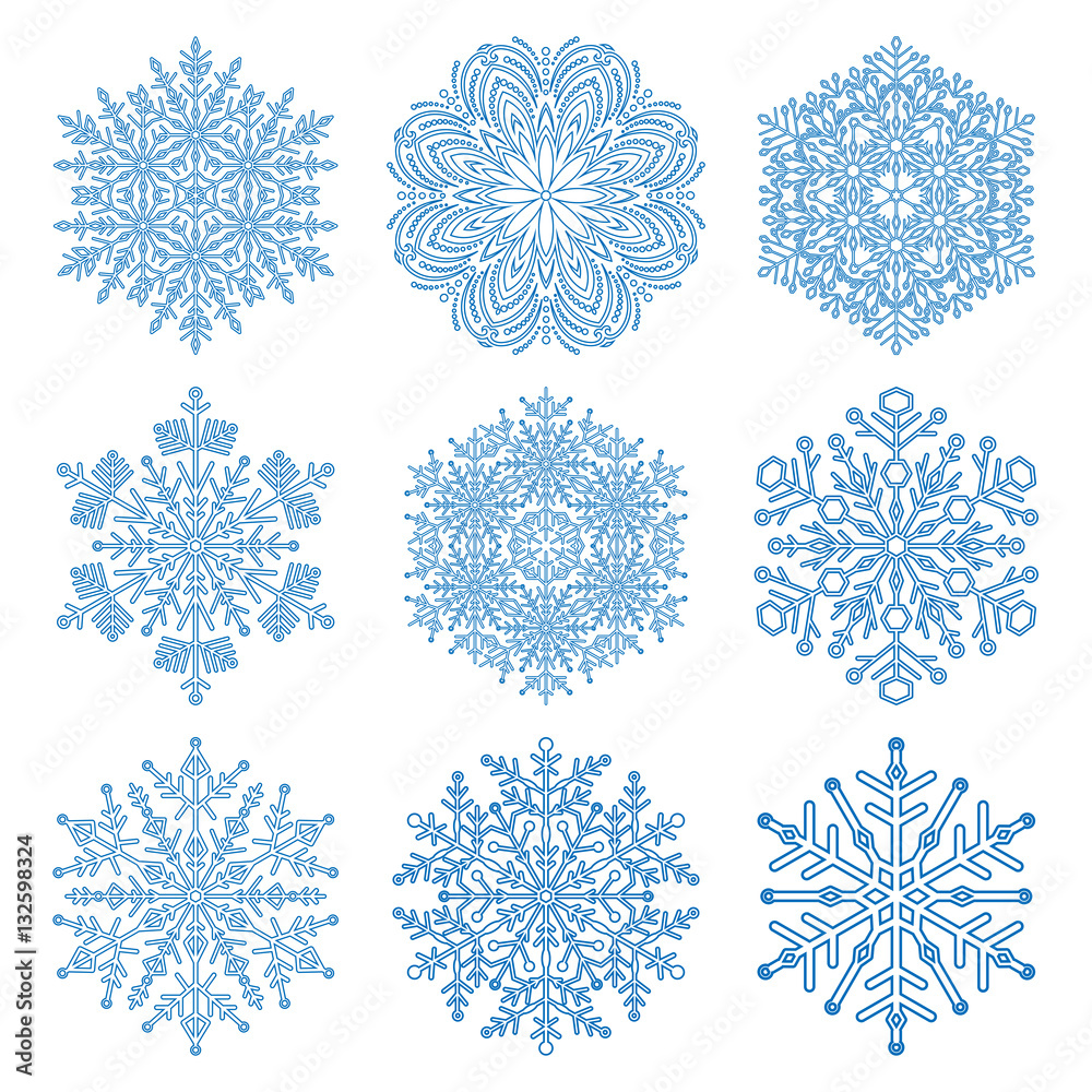 Set of vector light blue snowflakes. Fine winter ornament. Snowflakes collection. Snowflakes for backgrounds and designs Set of vector light blue snowflakes. Fine winter ornament. Snowflakes collection. Snowflakes for backgrounds and designs