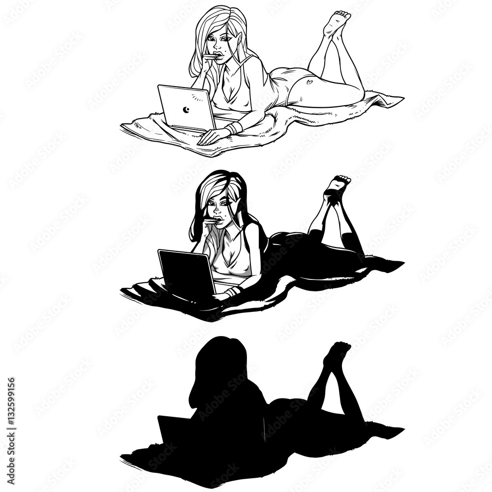 Set of silhouettes young girl using laptop while lying on the floor Set of silhouettes young girl using laptop while lying on the floor