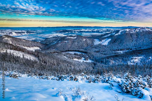 Winter mountain view from the ridge in Poland