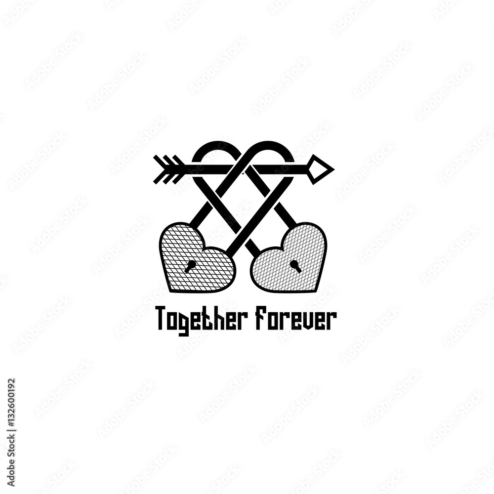 Φωτογραφία Pair of locks with arrow and heart silhouette vintage tattoo together forever isolated on white background