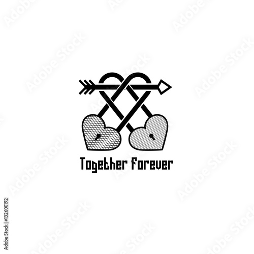 Pair of locks with arrow and heart silhouette vintage tattoo together forever isolated on white background.