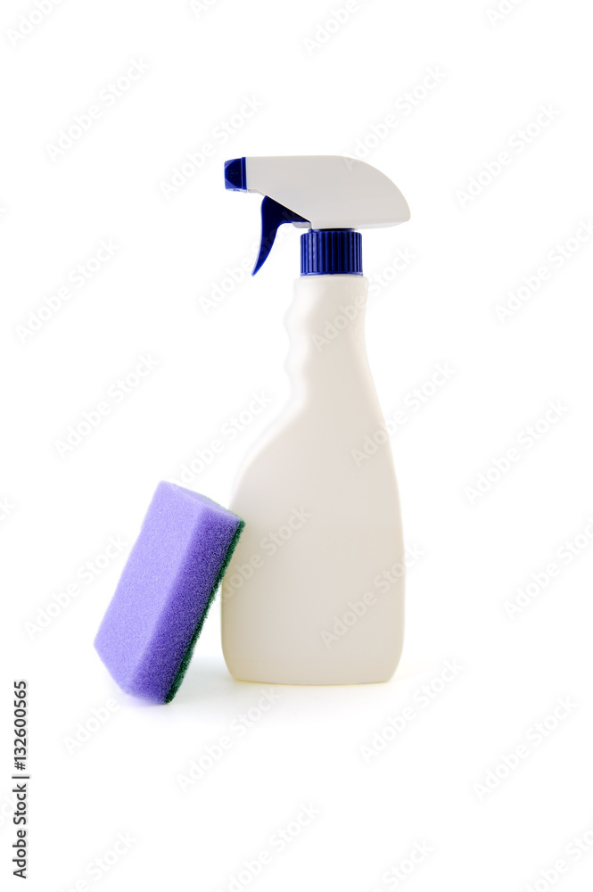 The bottle with liquid and a sponge for cleaning. The bottle with liquid and a sponge for cleaning.