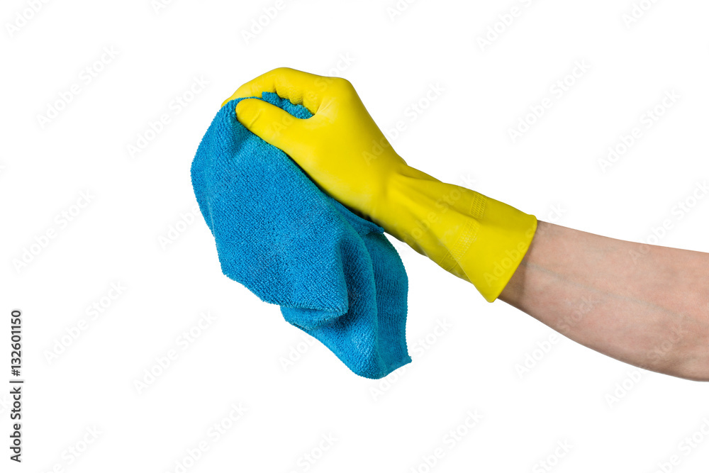 Man's or woman's hand cleaning with blue microfiber cloth on a white background. Concept product photograph with copy space Man's or woman's hand cleaning with blue microfiber cloth on a white background. Concept product photograph with copy space