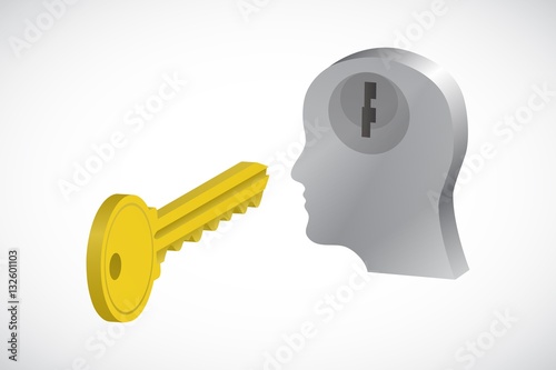 Key to Mind. Flat metallic Head With Keyhole icon. Idea and startup concept. Vector infographic illustration
