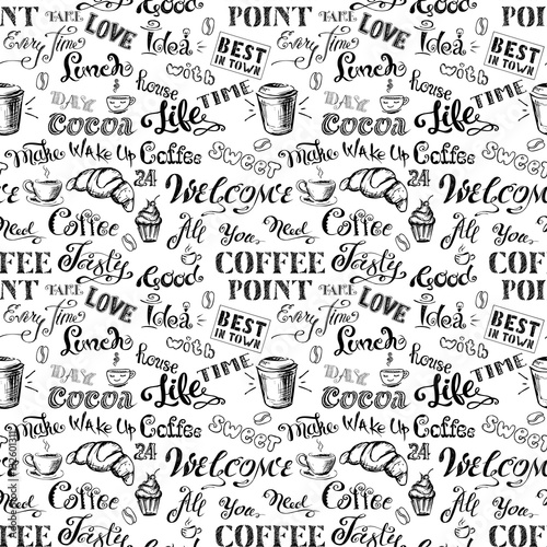 Seamless pattern Coffee lettering,hand drawn on white background