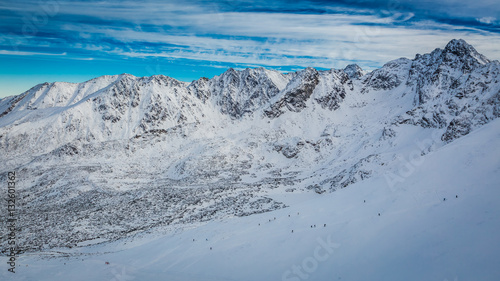 Panorama of Gasienicowa valley from Kasprowy Wierch in winter