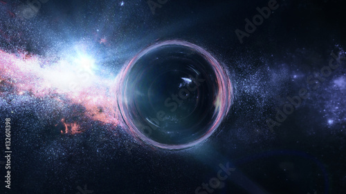 black hole with gravitational lens effect in front of bright stars  (3d illustration, Elements of this image are furnished by NASA) photo