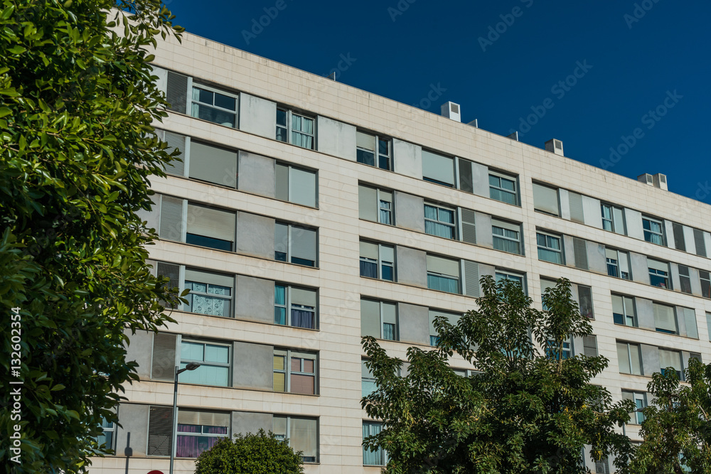 typical high contrasted office building with trees on the side