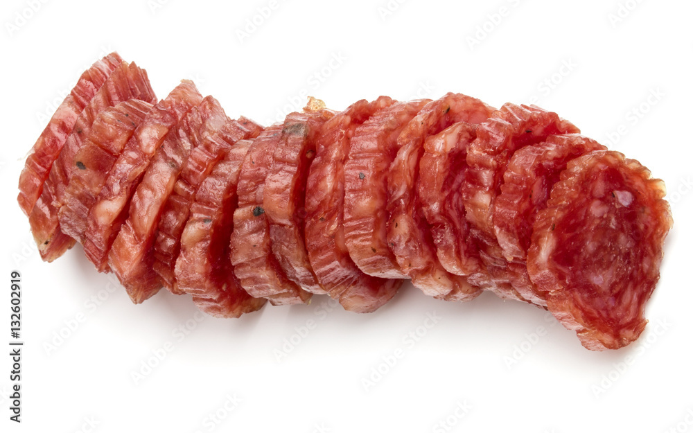 Salami smoked sausage slices isolated on white background cutout