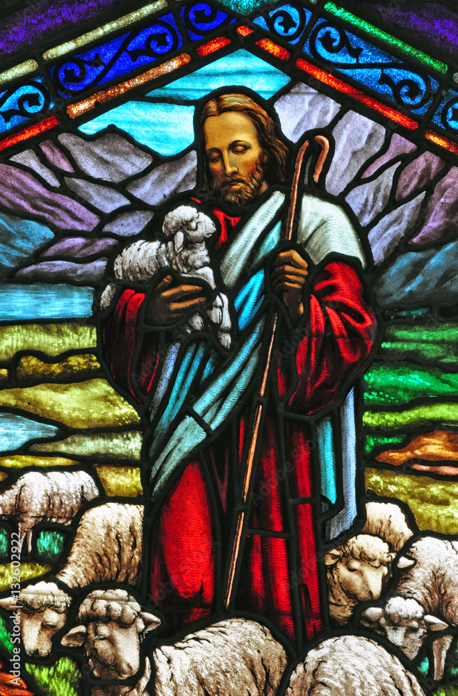Beautiful Jesus and lambs stained glass print binder. From St Mary's in the Mountains Catholic Church in Nevada, USA.