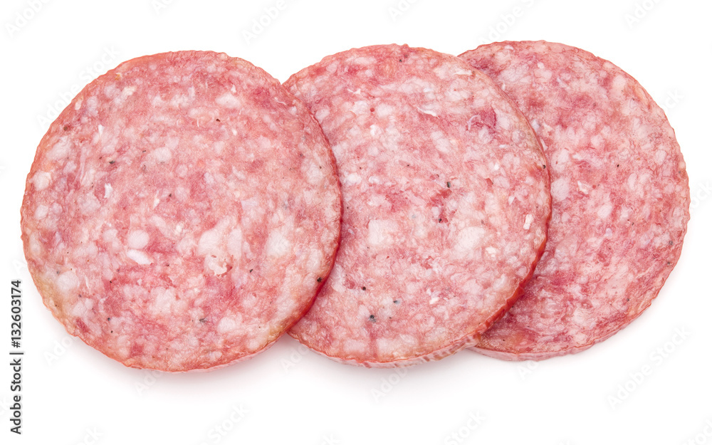 Salami smoked sausage three slices isolated on white background Salami smoked sausage three slices isolated on white background