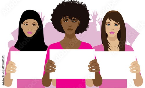 
Women protesting with crowd of protesters behind them. EPS 10 vector.