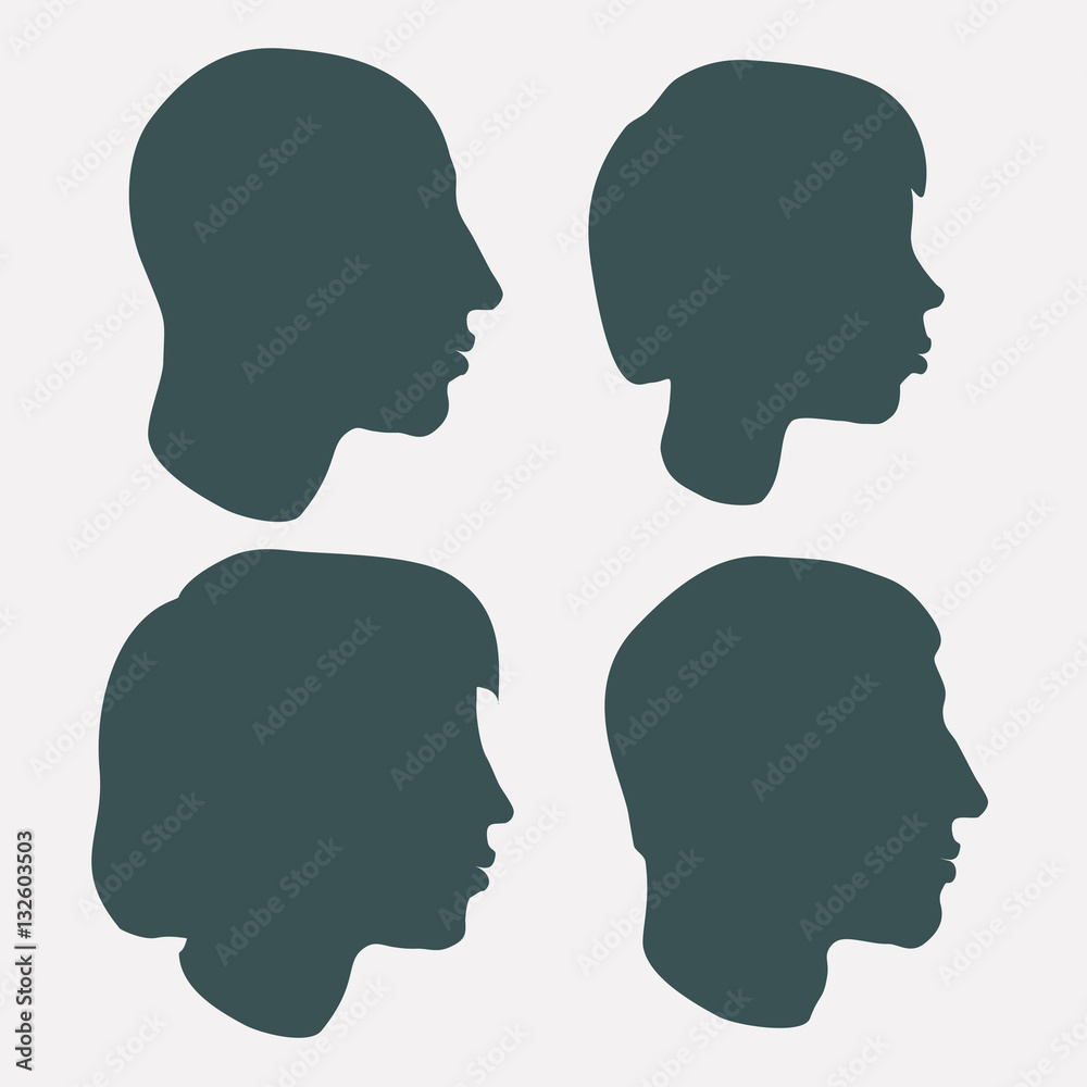 Four male, female and children silhouettes in profile. Flat vector on separated background.