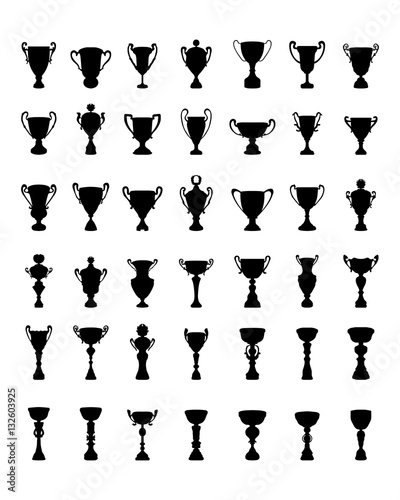 Black silhouettes of trophy cup on a black background