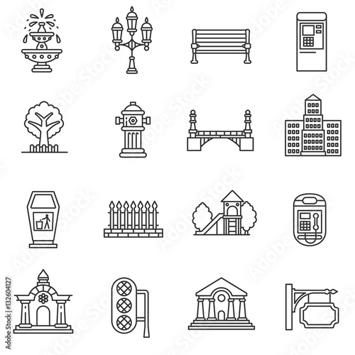 Elements of the city icons set. urban infrastructure, thin line design. linear symbols collection