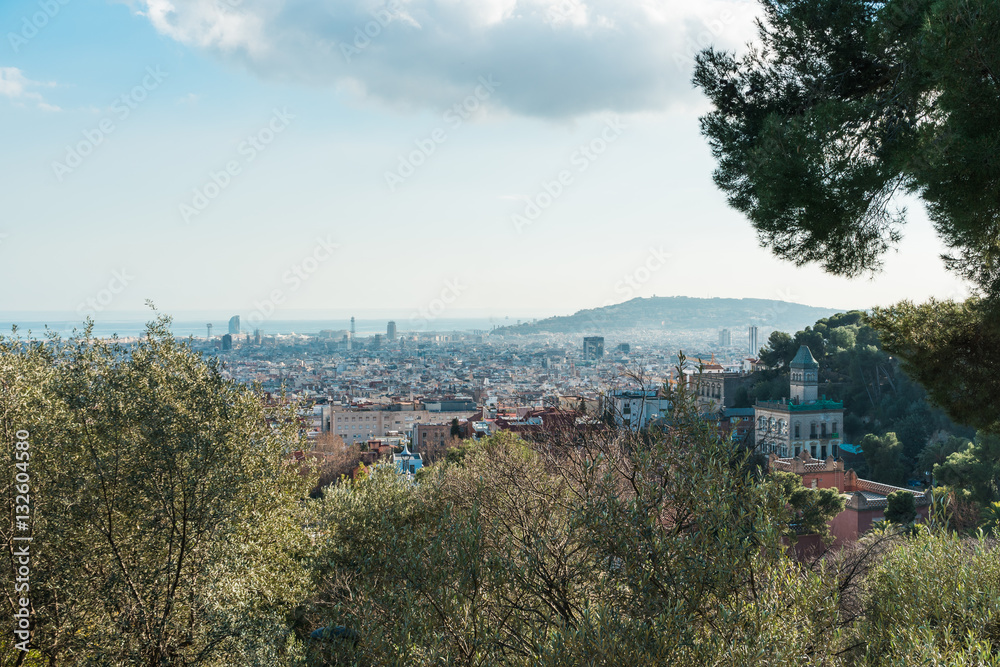 some trees are framing barcelona city in the background