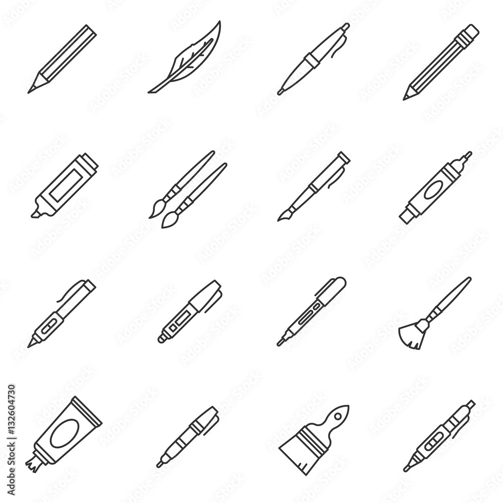 Stationery icons set. School supplies, thin line design. Tools for writing and drawing, linear symbols collection. isolated vector illustration.