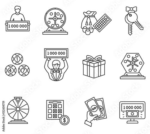 Lottery icons set. Winning lotto, thin line design. The prize in gambling, linear symbols collection.