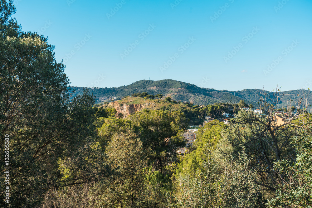 trees in the foreground and mountains in the background - nature scene at barcelona