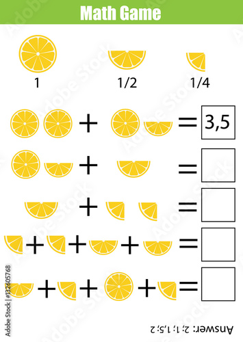 Math educational counting game for children, addition worksheet. Learning fractions, half, quarters