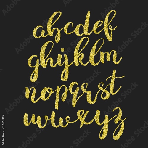 Glitter gold script alphabet. Shiny brush calligraphy typeface