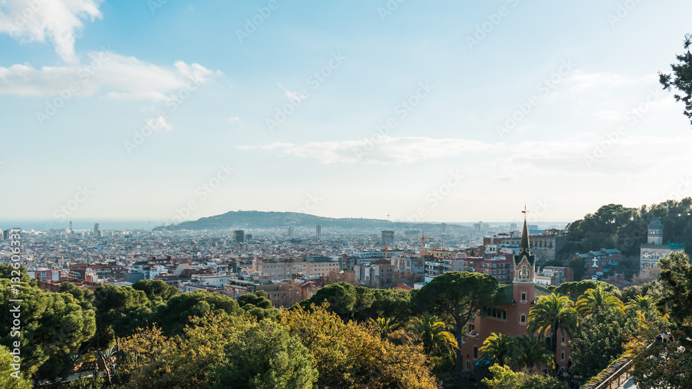 park guell from the top with Casa-Museu Gaudi on the right side