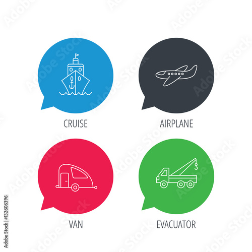 Colored speech bubbles. Transportation icons. Cruise, airplane and van linear signs. Evacuator flat line icon. Flat web buttons with linear icons. Vector