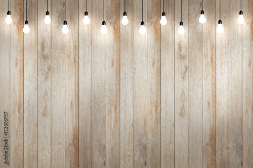wood wall with bulb lights lamp. nice brick show room with spotlights. 