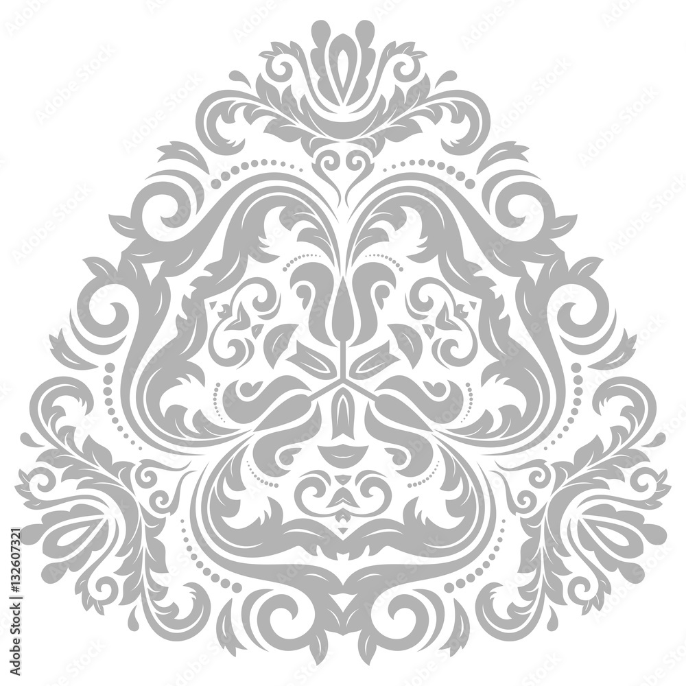 Oriental vector triangular silver pattern with arabesques and floral elements. Traditional classic ornament. Vintage pattern with arabesques