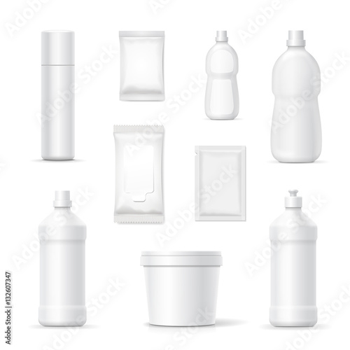 Set of bottles and packages of detergents and cleaning household products for bathroom and kitchen. Vector blank Packaging containers template