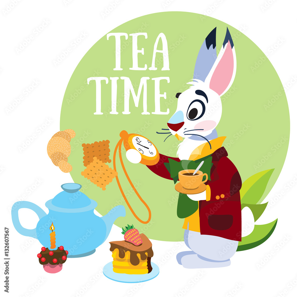 White Rabbit hurrying to the mad tea party. Illustration to the fairy tale  Alice's Adventures in Wonderland. Template with place for text. Stock  Vector | Adobe Stock